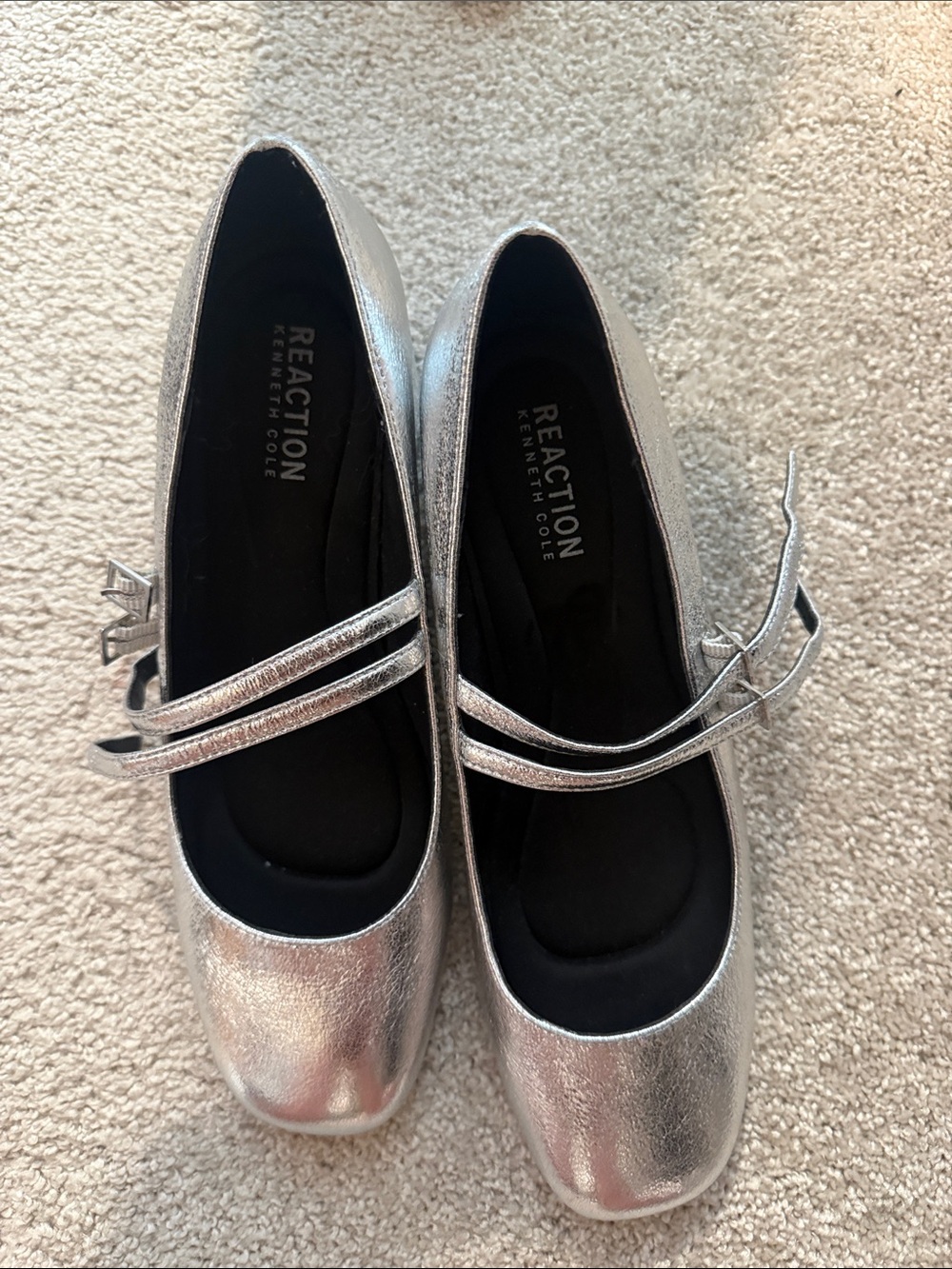 Reaction Kenneth Cole Metallic Silver Double-Strap Mary Jane Flats